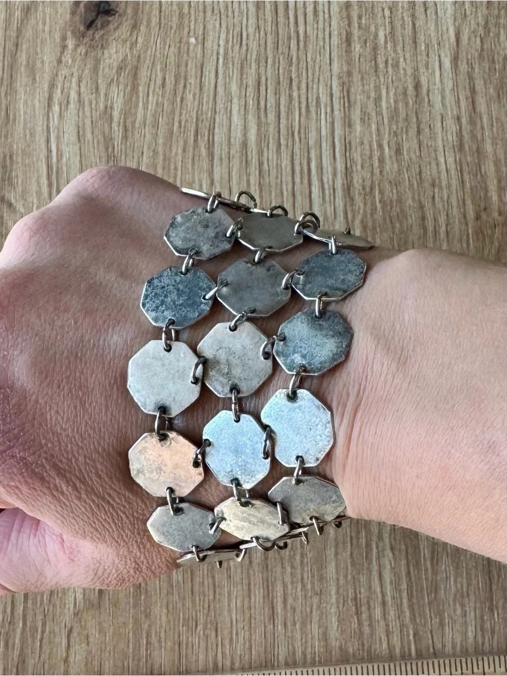 Vintage 90s Grunge Brutalist Silver Triple Strand Geometric Octagon Bracelet